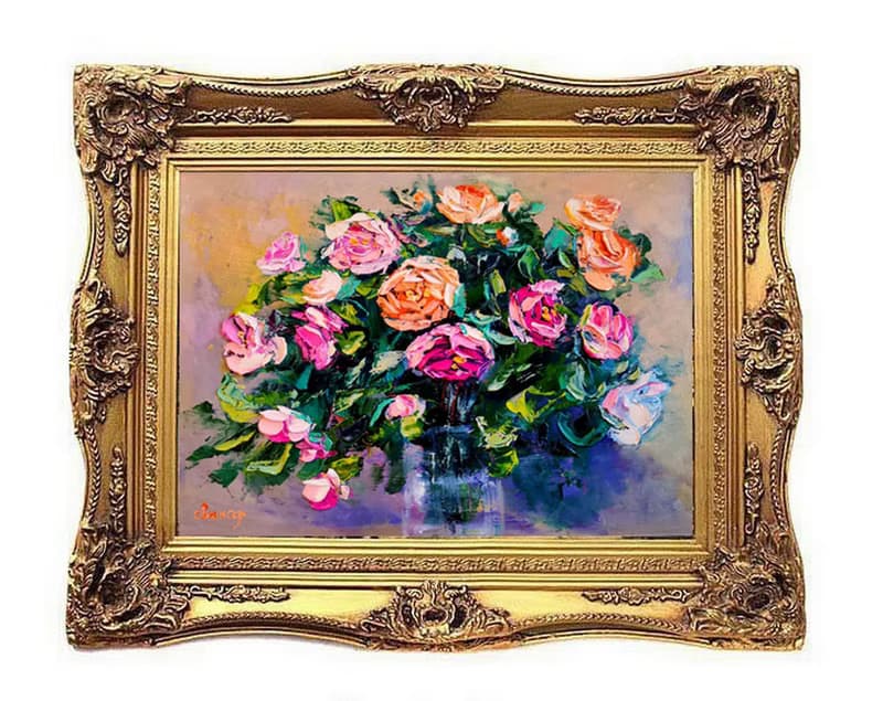 Pink Yellow Roses Flower Bouquet Vase Oil Painting Impasto Original ArtistSvinar