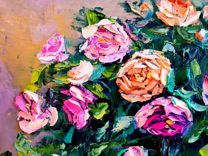 Pink Yellow Roses Flower Bouquet Vase Oil Painting Impasto Original ArtistSvinar