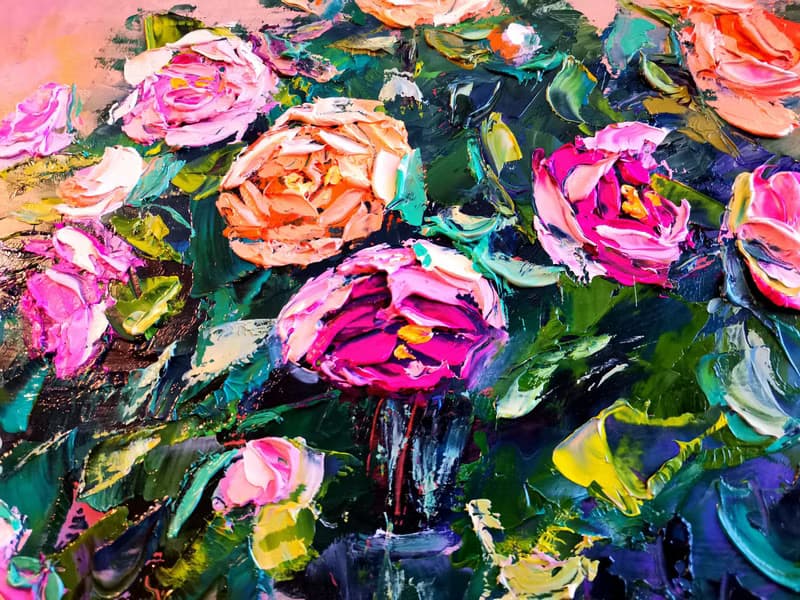 Pink Yellow Roses Flower Bouquet Vase Oil Painting Impasto Original ArtistSvinar