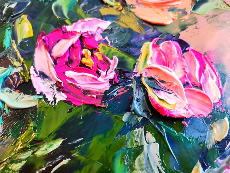 Pink Yellow Roses Flower Bouquet Vase Oil Painting Impasto Original ArtistSvinar