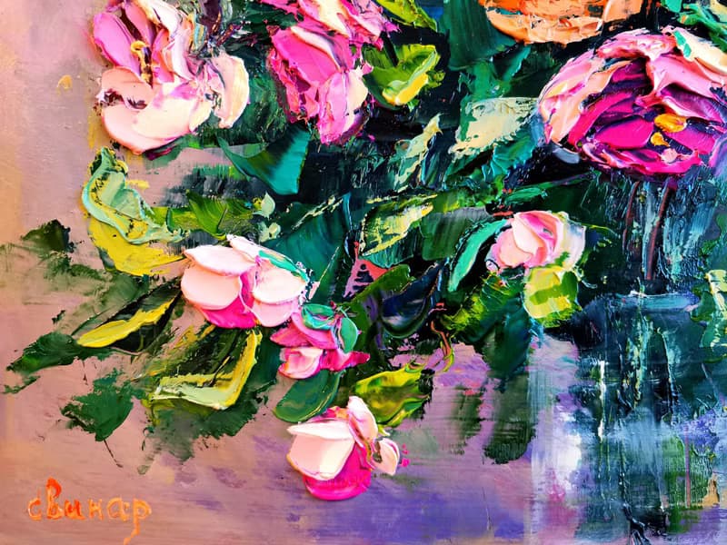Pink Yellow Roses Flower Bouquet Vase Oil Painting Impasto Original ArtistSvinar