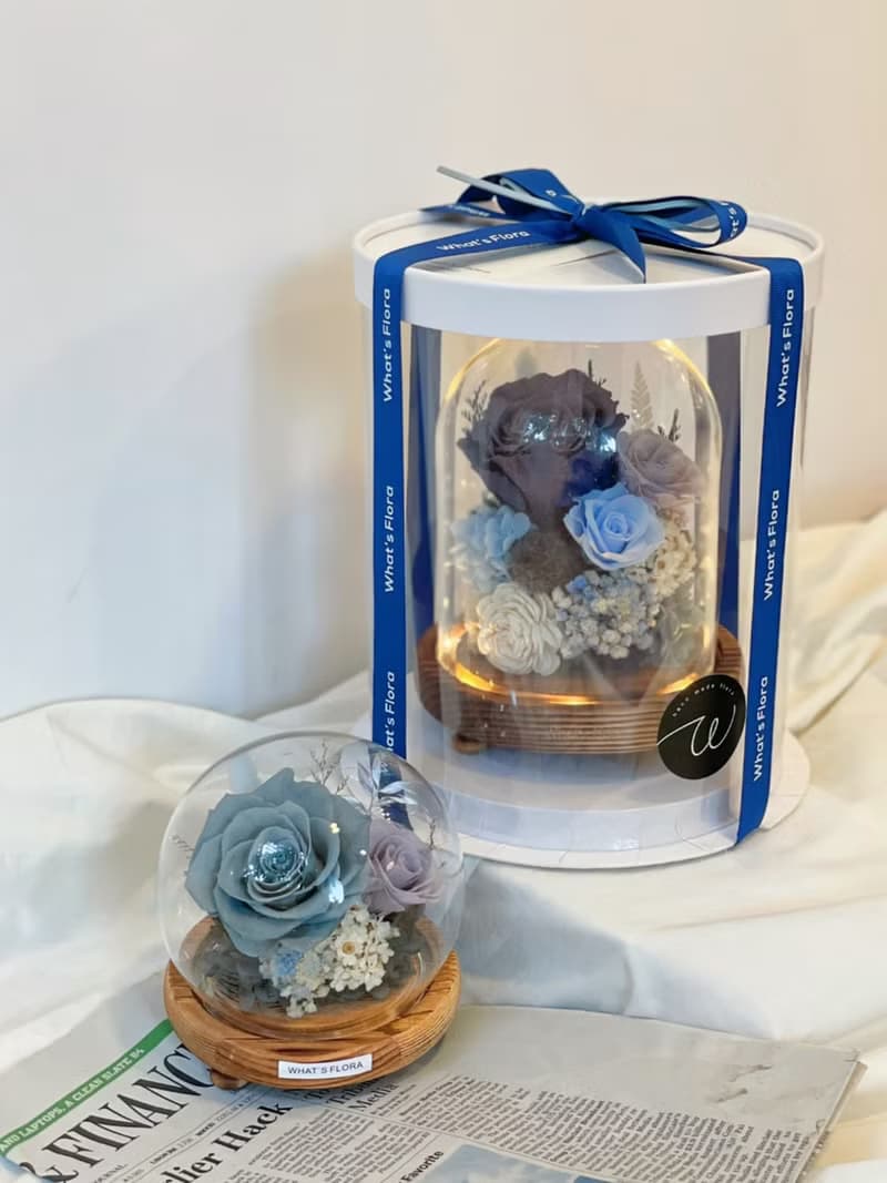 永生花玻璃球/盅 霧霾藍灰 生日禮物 情人節禮物