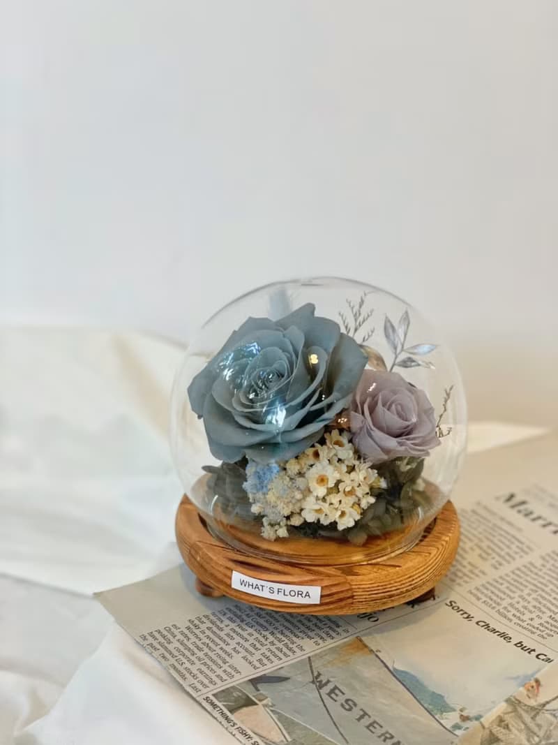 永生花玻璃球/盅 霧霾藍灰 生日禮物 情人節禮物