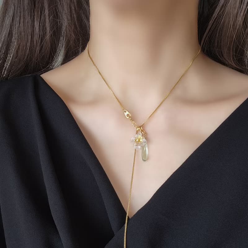 3WAY 宝石によるヤマボウシのネックレス・サージカルステンレス・スライド60cm　山法師