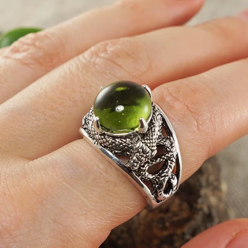 Silver Snake Ring Olive Green Glass Adjustable Free Size Statement Ring Jewelry