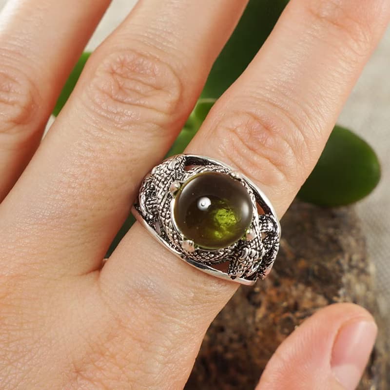 Silver Snake Ring Olive Green Glass Adjustable Free Size Statement Ring Jewelry