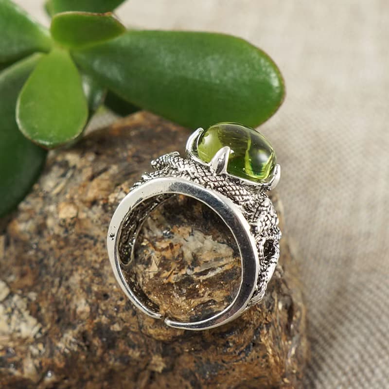 Silver Snake Ring Olive Green Glass Adjustable Free Size Statement Ring Jewelry