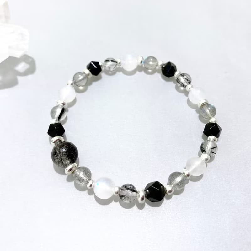 Ops black silver bracelet -黑髪晶/月光石/拉長石/黑曜石/純銀