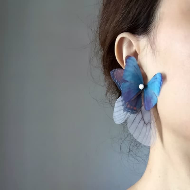 蝴蝶薄紗耳環一對&水鑽925銀耳針式 pierced or clip-on earring