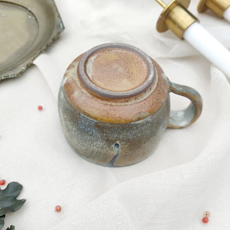 墨綠色橄欖銅,手作陶器咖啡杯340ml