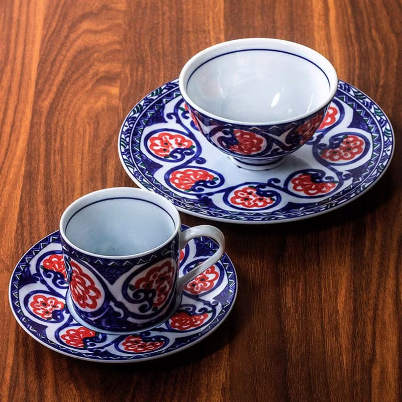 日本和藍游吟詩人手繪釉下彩米飯碗陶瓷平盤菜盤咖啡杯碟禮盒套裝