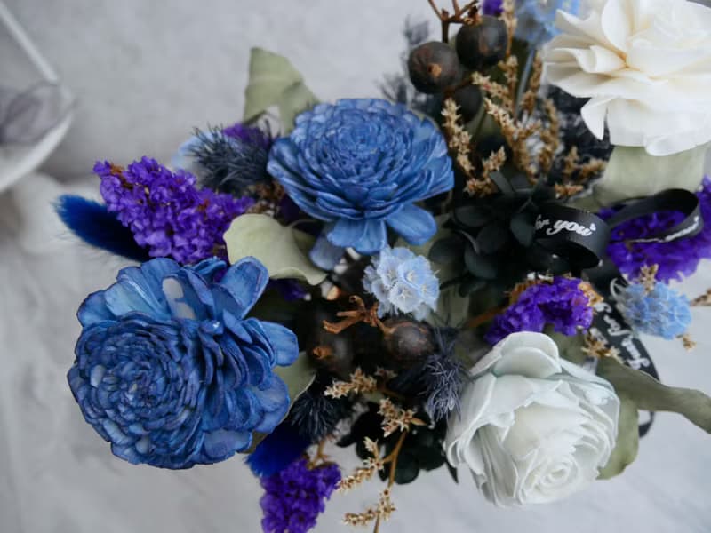 圓盆中大型乾燥花盆花【時尚藍調】開幕/新居落成/喬遷