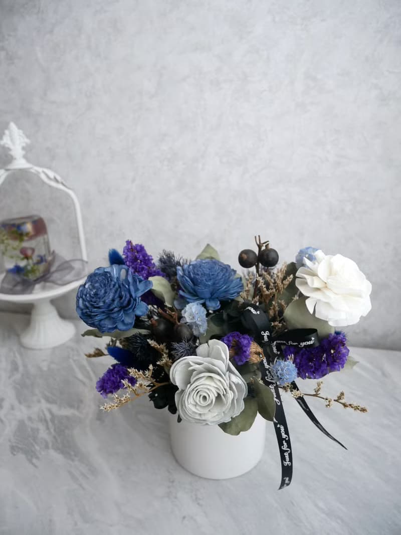 圓盆中大型乾燥花盆花【時尚藍調】開幕/新居落成/喬遷