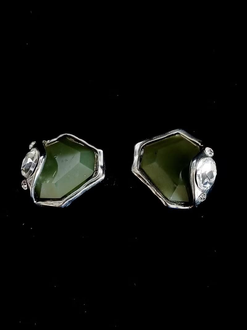 vintage jewelry  典雅墨綠塑料幾何造型 夾式耳環
