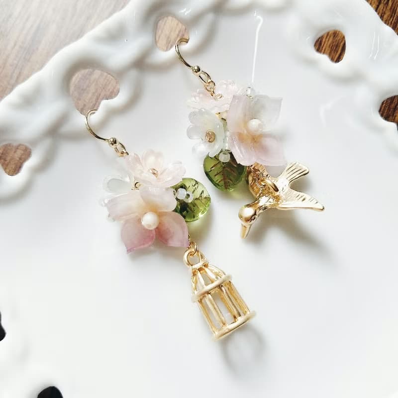 串珠 編織耳環 繡球花束 小鳥 鳥籠 精緻 可改夾式