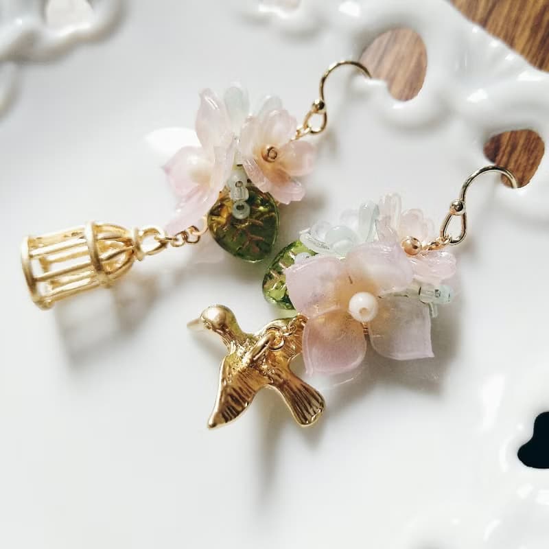 串珠 編織耳環 繡球花束 小鳥 鳥籠 精緻 可改夾式