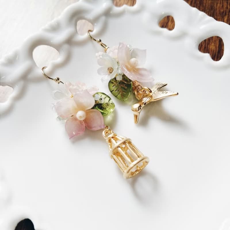 串珠 編織耳環 繡球花束 小鳥 鳥籠 精緻 可改夾式