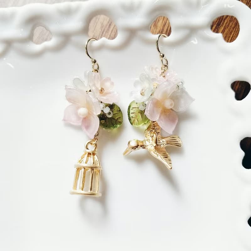 串珠 編織耳環 繡球花束 小鳥 鳥籠 精緻 可改夾式