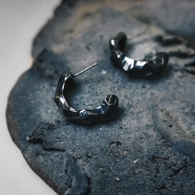Meteor - 迷途之星系列 大圈隕石純銀耳環-銀黑