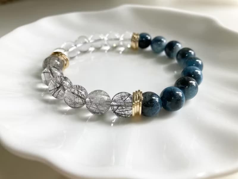 10mm魔鬼海藍寶 白水晶 黑髮晶手鍊 增強口才自信專注力及領導力