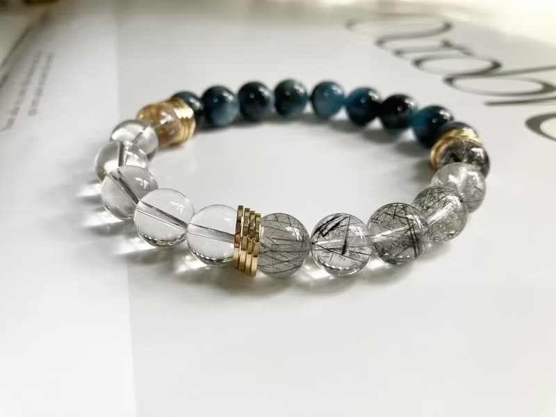 10mm魔鬼海藍寶 白水晶 黑髮晶手鍊 增強口才自信專注力及領導力