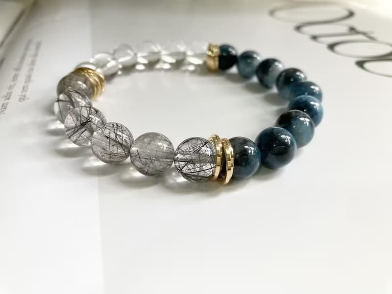 10mm魔鬼海藍寶 白水晶 黑髮晶手鍊 增強口才自信專注力及領導力