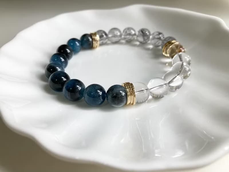 10mm魔鬼海藍寶 白水晶 黑髮晶手鍊 增強口才自信專注力及領導力