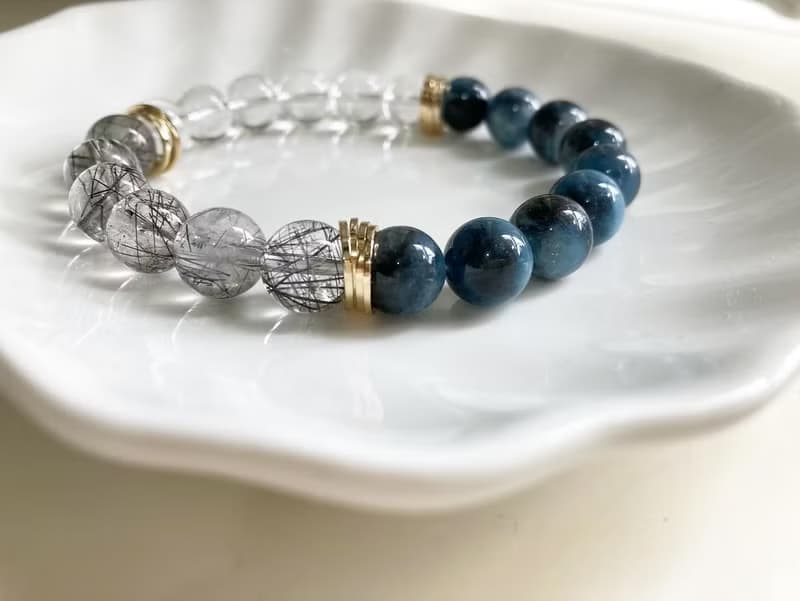 10mm魔鬼海藍寶 白水晶 黑髮晶手鍊 增強口才自信專注力及領導力