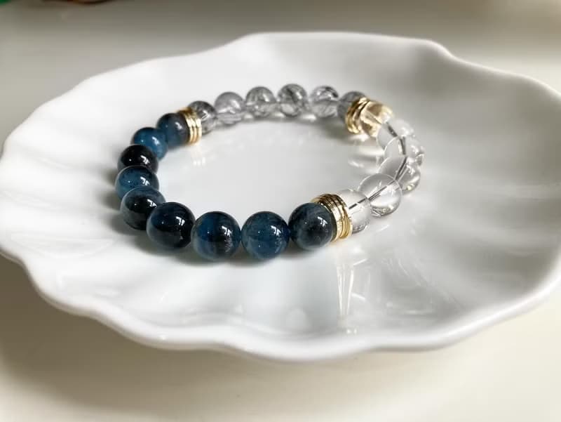 10mm魔鬼海藍寶 白水晶 黑髮晶手鍊 增強口才自信專注力及領導力