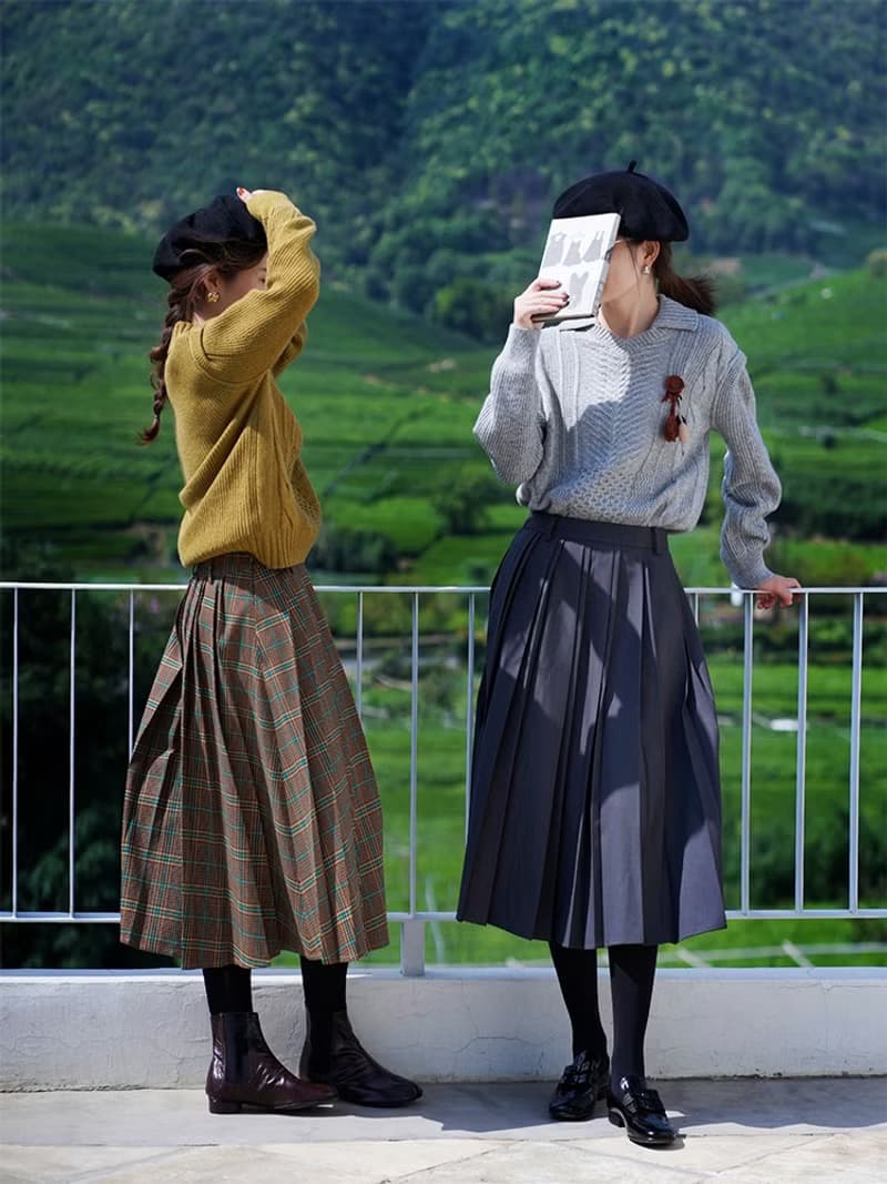 灰色/棕色格紋 胡桃夾子 法式復古格紋百褶裙 秋冬顯瘦百搭半身裙