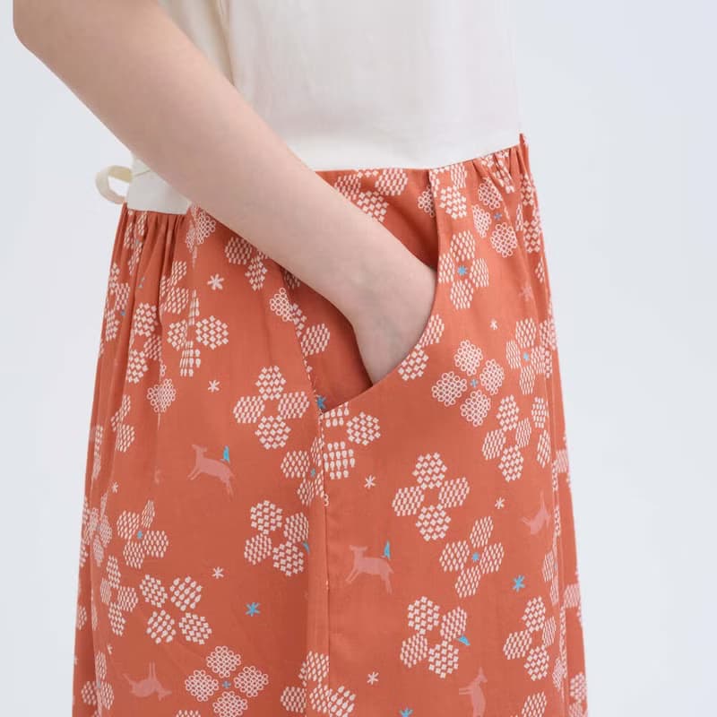 印花樂X連俞涵 低腰線拼接長洋裝/花開原野/百合橙花/山羌閱覽室
