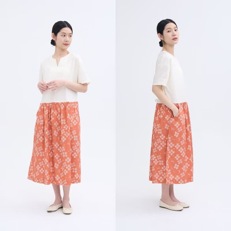 印花樂X連俞涵 低腰線拼接長洋裝/花開原野/百合橙花/山羌閱覽室