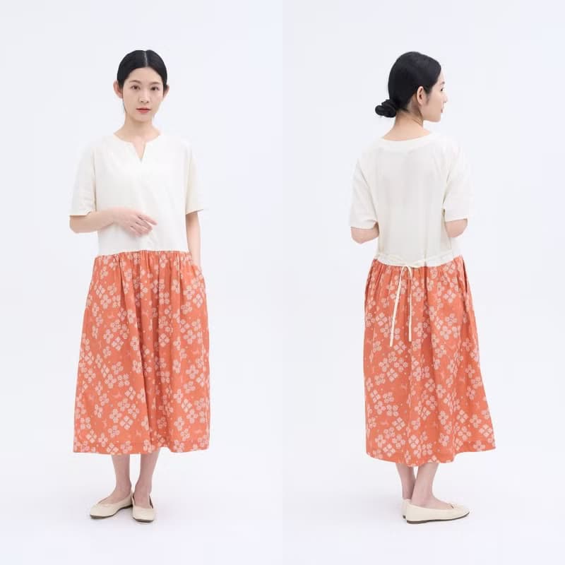 印花樂X連俞涵 低腰線拼接長洋裝/花開原野/百合橙花/山羌閱覽室