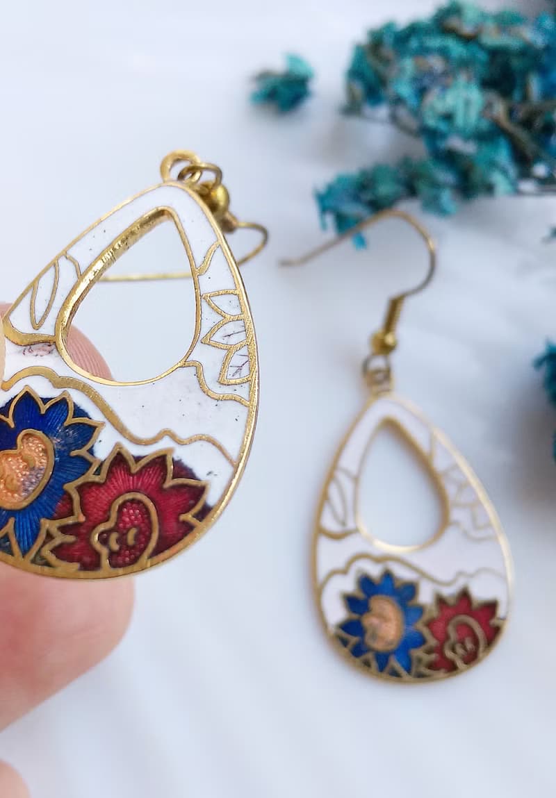 Vintage Jewelry 西洋古董飾品 白底花卉 景泰藍 耳勾 針式耳環