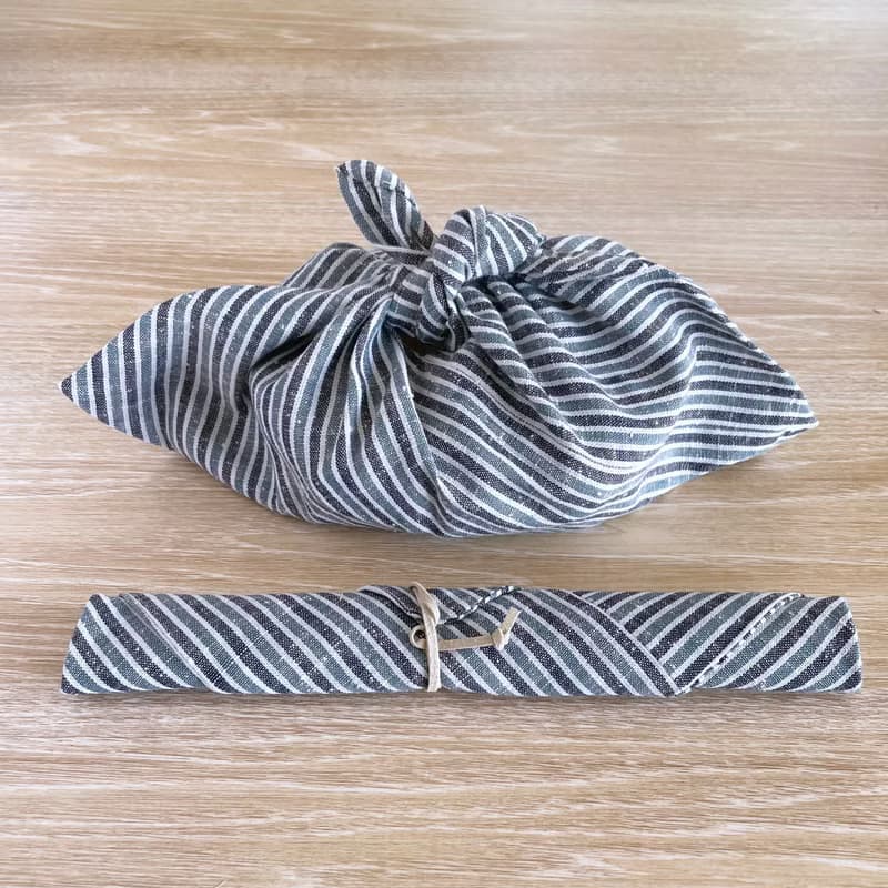 【オンライン限定】三河木綿のお弁当袋セット あずま袋と箸袋 水色系の縞 ネップ地