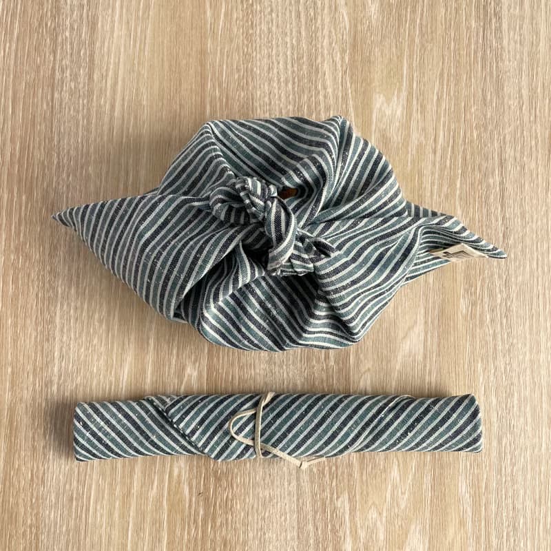 【オンライン限定】三河木綿のお弁当袋セット あずま袋と箸袋 水色系の縞 ネップ地