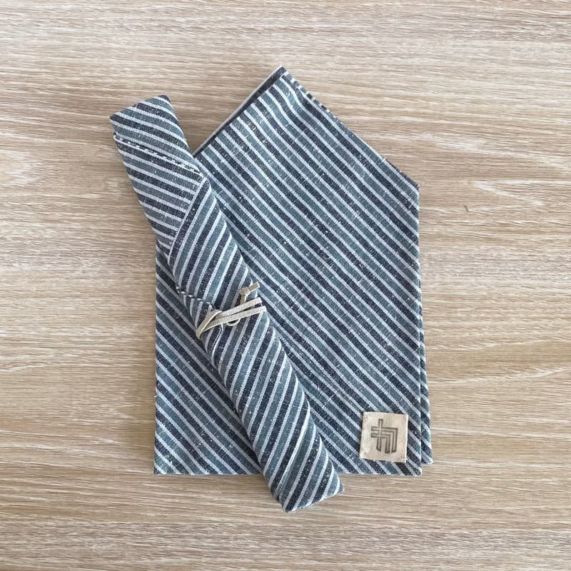 【オンライン限定】三河木綿のお弁当袋セット あずま袋と箸袋 水色系の縞 ネップ地