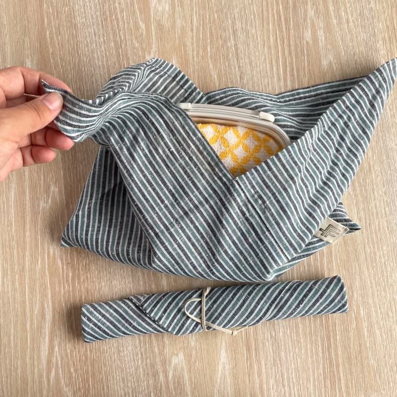 【オンライン限定】三河木綿のお弁当袋セット あずま袋と箸袋 水色系の縞 ネップ地