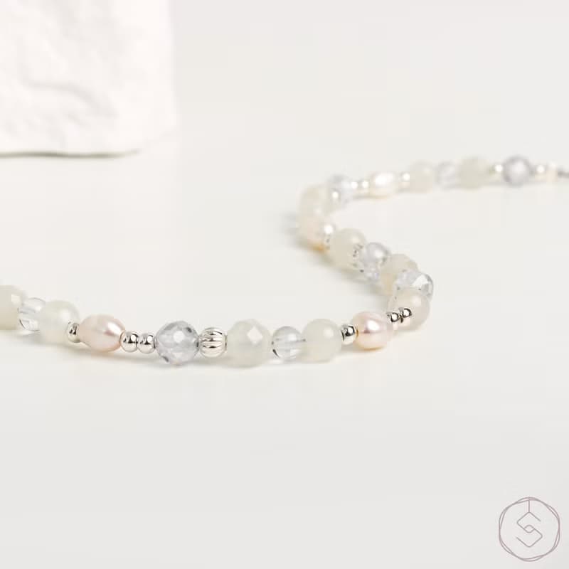 曙光 | 月光石 淡水珍珠 白水晶 S925純銀 | 天然水晶手鍊