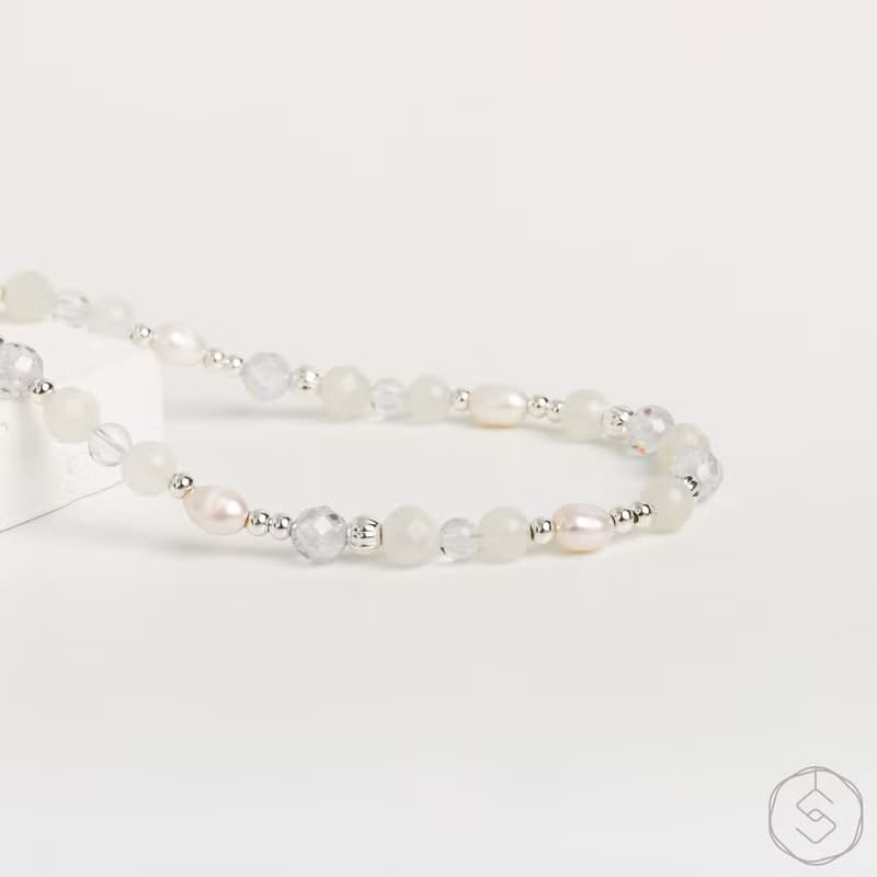 曙光 | 月光石 淡水珍珠 白水晶 S925純銀 | 天然水晶手鍊