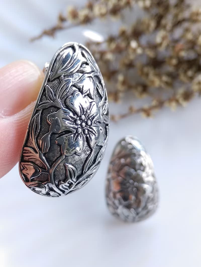 Vintage Jewelry 西洋古董飾品 銀色調 壓花紋 夾式耳環