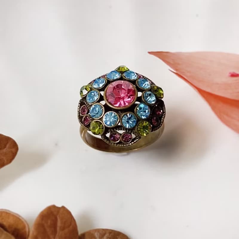 【西洋古董飾品】 彩花卉花叢 立體萊茵鑽 小花園 唯美 戒指 禮物