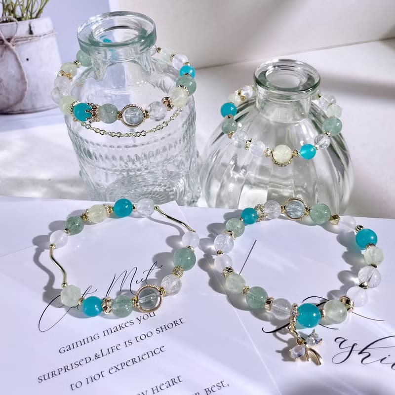 挪威森林—湖泊 托帕石|天河石|葡萄石|綠草莓晶|水晶手鍊A24-4