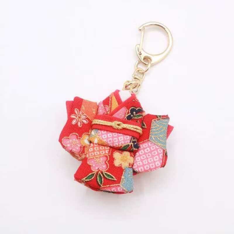 【和服鑰匙圈】紅色和風縮緬布可愛吊飾 日本手工製作