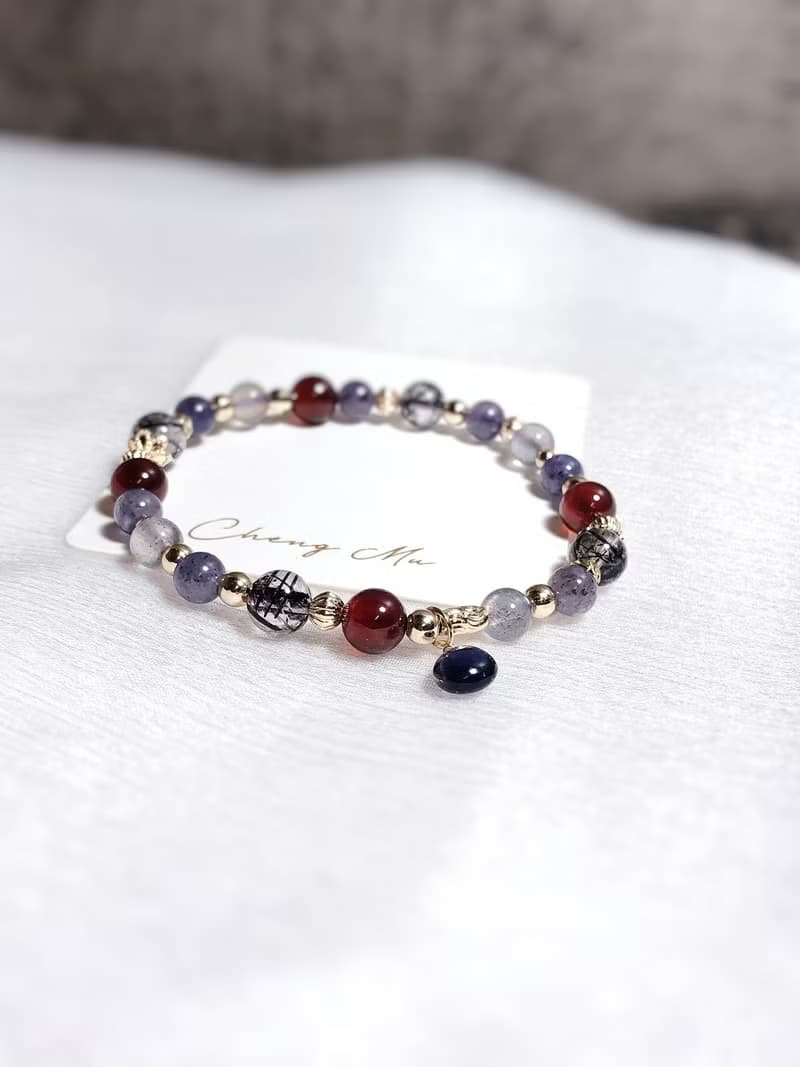 黑髮晶、橙石榴、血滴菫青石 天然石手鍊