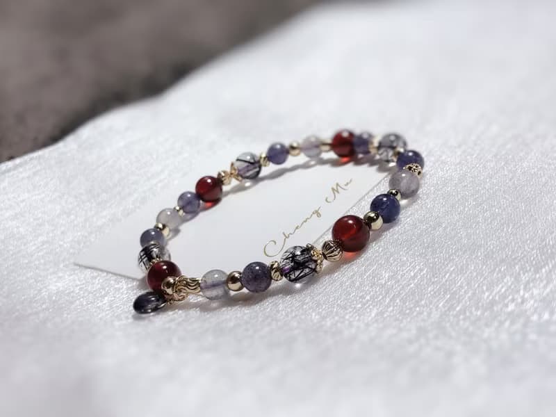 黑髮晶、橙石榴、血滴菫青石 天然石手鍊