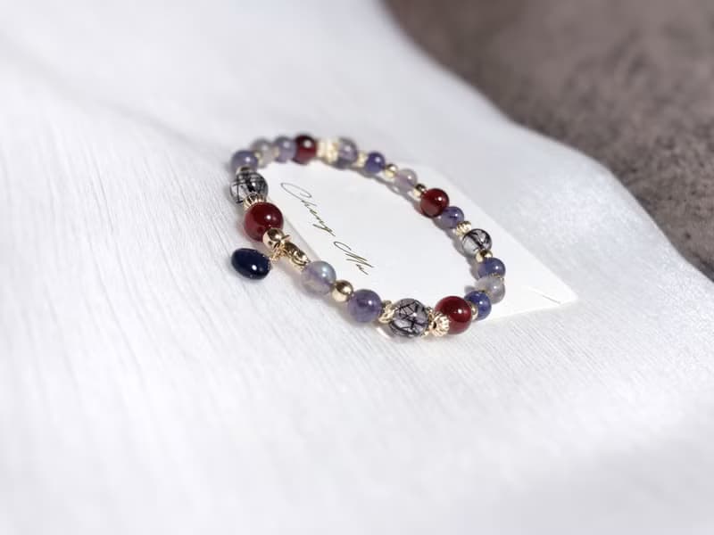 黑髮晶、橙石榴、血滴菫青石 天然石手鍊