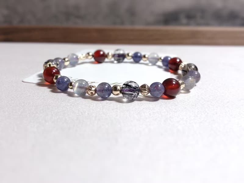 黑髮晶、橙石榴、血滴菫青石 天然石手鍊