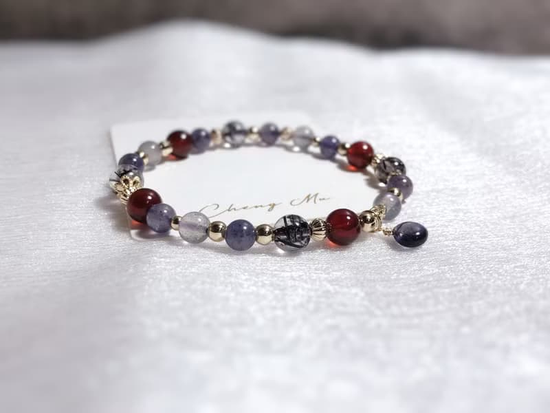 黑髮晶、橙石榴、血滴菫青石 天然石手鍊