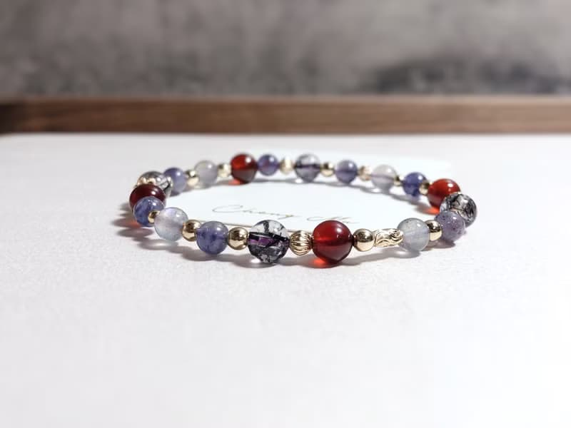 黑髮晶、橙石榴、血滴菫青石 天然石手鍊